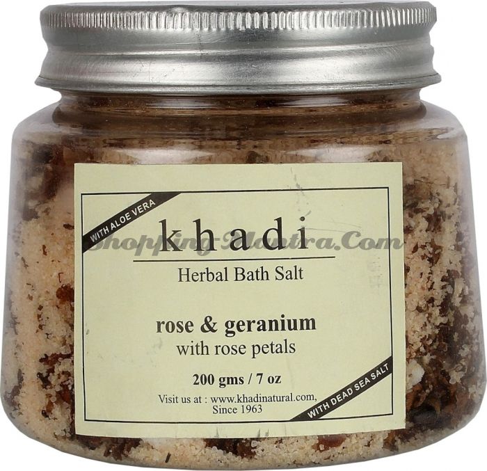 Соль для ванны Роза&Герань с лепестками роз и алое вера Кхади (Khadi Rose Geranium Bath Salt)