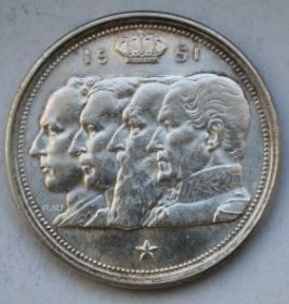 Леопольд I,Леопольд II,Альберт I , Леопльд III 100 франков Бельгия 1951 серебро