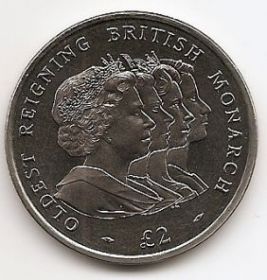 Королева Елизавета II самая долгоправящая из британских монархов 2 фунта Южная Джорджия и Сандвичевы Острова 2008