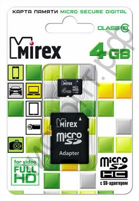 Карта памяти micro SDHC  4GB MIREX Class 10 с адаптером SD BL-1