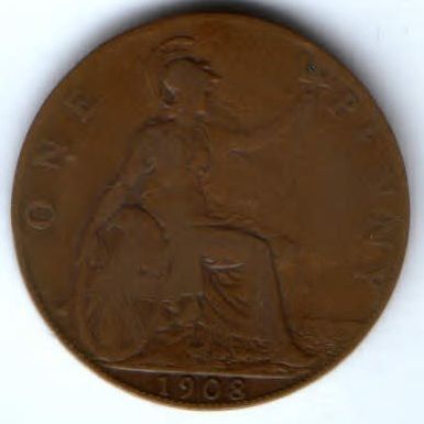 1 пенни 1908 г. Великобритания