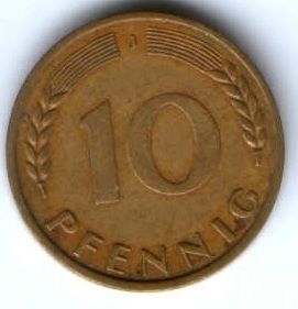 10 пфеннигов 1967 г. редкий год J Германия. ФРГ