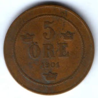 5 эре 1901 г. Швеция