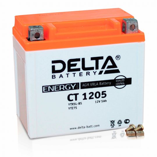 Мото аккумулятор АКБ Delta (Дельта) CT 1205 о.п. 5Ач YTX5L-BS, YTZ7S, YT5L-BS