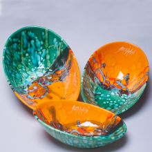 Салатники в наборе Domiziani керамика ручной работы зелёно-оранж - 25x17, 30x20, 36x23 см (Италия)