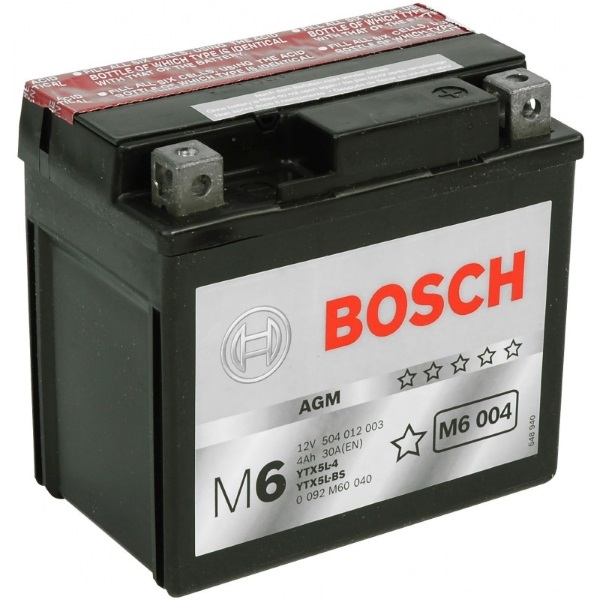 Мото аккумулятор АКБ BOSCH (БОШ) M60 040 / M6 004 moba 12V 504 012 003 A504 AGM 4Ач о.п. (YTX5L-4, YTX5L-BS)