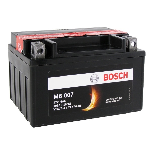 Мото аккумулятор АКБ BOSCH (БОШ) M60 070 / M6 007 moba  12V 506 015 005 A504 AGM 6Ач п.п. (YTX7A-4, YTX7A-BS)