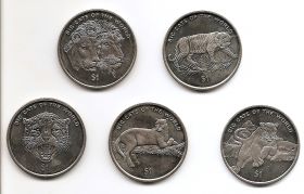 Большие кошки Мира Набор монет 1 доллар Сьерра-Леоне 2001 ( 5 монет)
