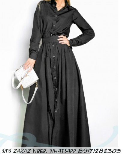 Длинное платья-рубашка с рукавами из коттона черное