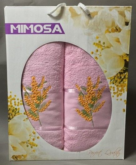 Розовый Мимоза махра ( 50х90+70х140) в коробке Набор полотенец  Атлас Текстиль