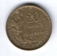 20 франков 1950 г. редкий тип, три пера, Франция