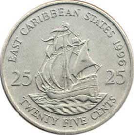 Галеон 25 центов Восточные Карибы 1996