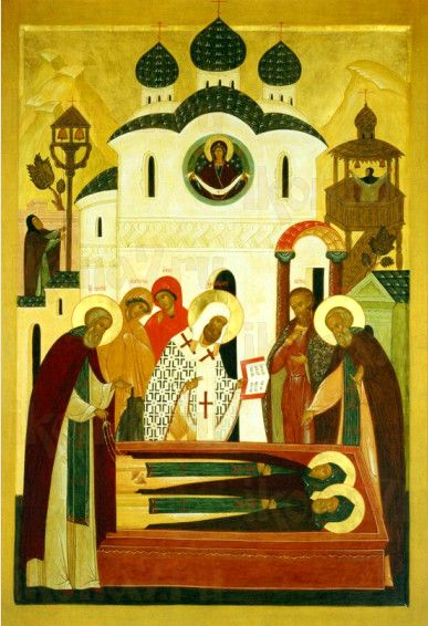 Сергий Радонежский у гроба родителей (рукописная икона)