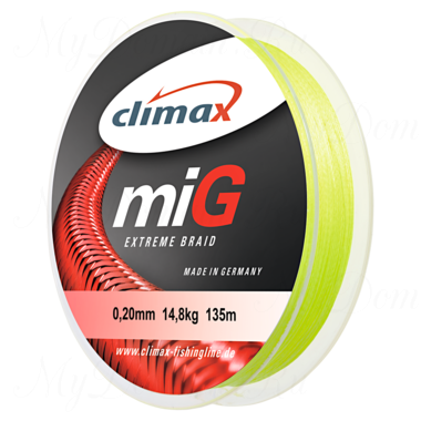 Плетёный шнур Climax Mig Extreme Braid 135m 0,10мм 6,8кг (флюресцентно-желтый)