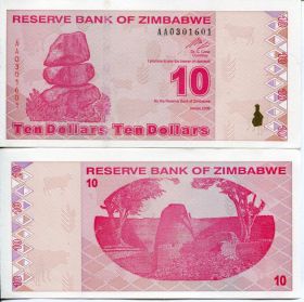 Зимбабве 10 долларов 2009 UNC ПРЕСС