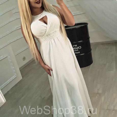 Белое вечернее платье в пол из шифона с кружевом