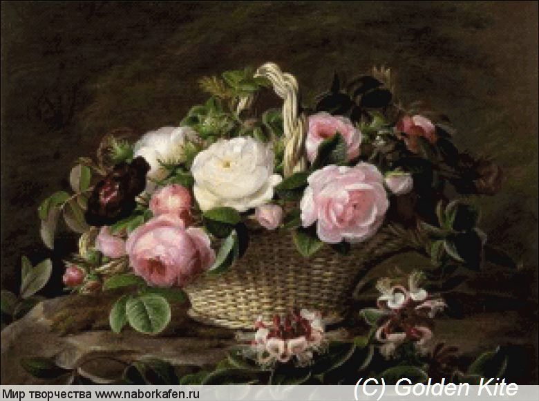 1199. A Basket of Pink and White Roses with Honeysuckle