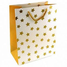 Пакет подарочный "Золотые звезды на белом" Тиснение фольгой, 26*32*10 см