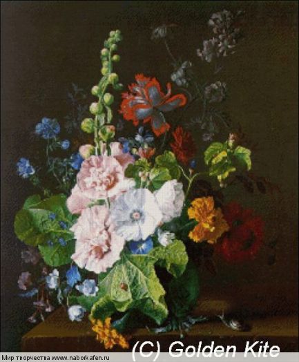 397 Hollyhocks and other flowers in a vase