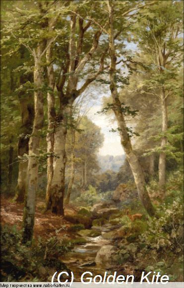 1884 Waldlichtung mit Wildbach und Rehwild