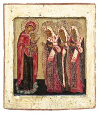 Икона Богородица с младенцем и предстоящими ростовскими чудотворцами (рукописная)