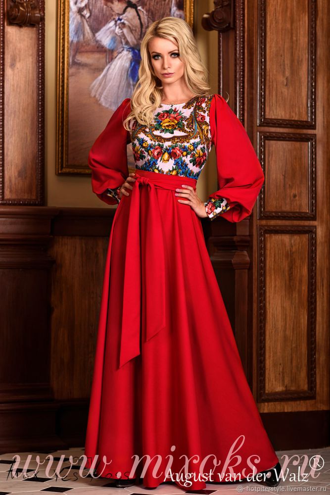 павлово посадское платье из платка красное с примеркой