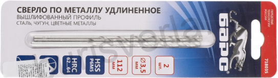 Сверло по металлу удлиненное, 4 х 119 мм, Р6М5, 1 шт. БАРС 718040