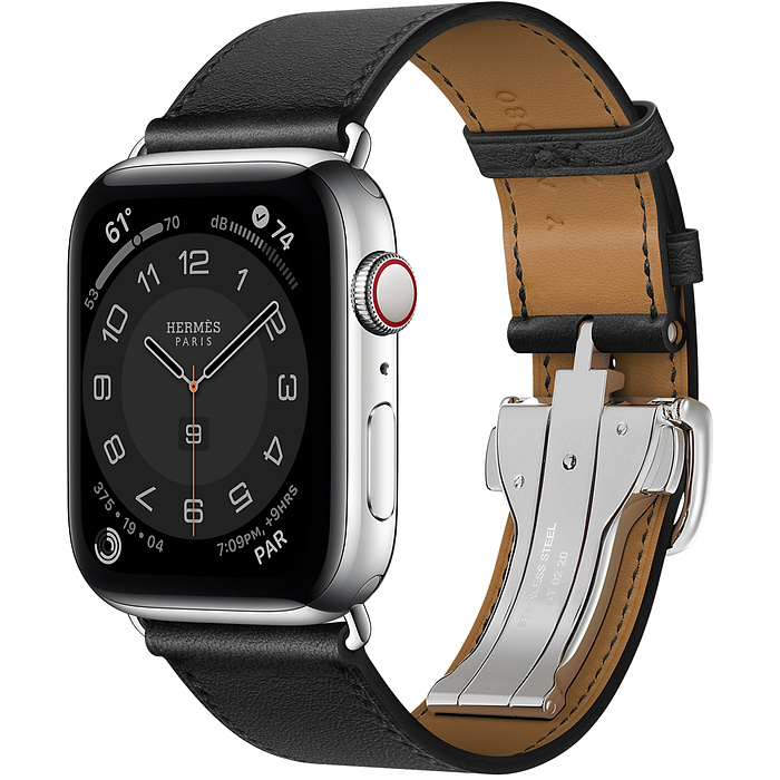 Часы Apple Watch Hermès Series 6 GPS + Cellular 44mm Silver Stainless Steel Case with Noir Swift Leather Single Tour Deployment Buckle