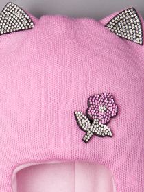 РБ  00-0014740 Шапка-шлем вязаная для девочки, с ушками, цветочек из страз, лавандово-розовый