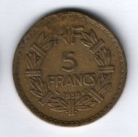 5 франков 1939 года Франция, редкий тип