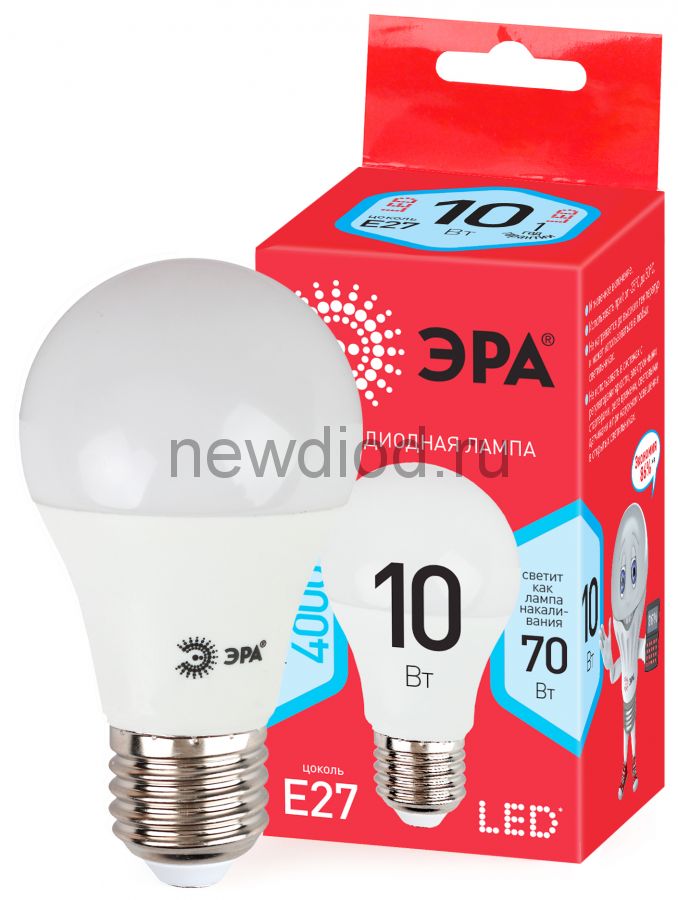 Лампы СВЕТОДИОДНЫЕ ЭКО ECO LED A60-10W-840-E27  ЭРА (диод, груша, 10Вт, нейтр, E27)
