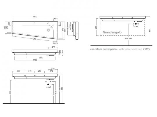 Подвесная/мебельная накладная раковина Hatria Grandangolo 130 T 130х50 схема 2