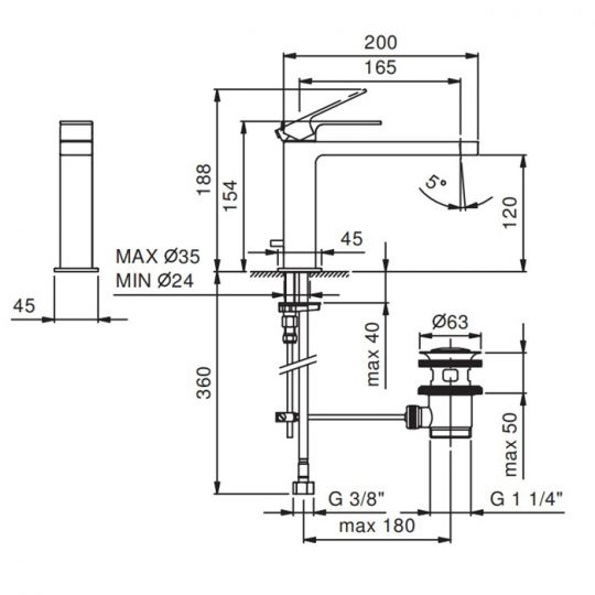 Смеситель для раковины Fantini Mint F003F с удлиненным изливом и донным клапаном схема 1