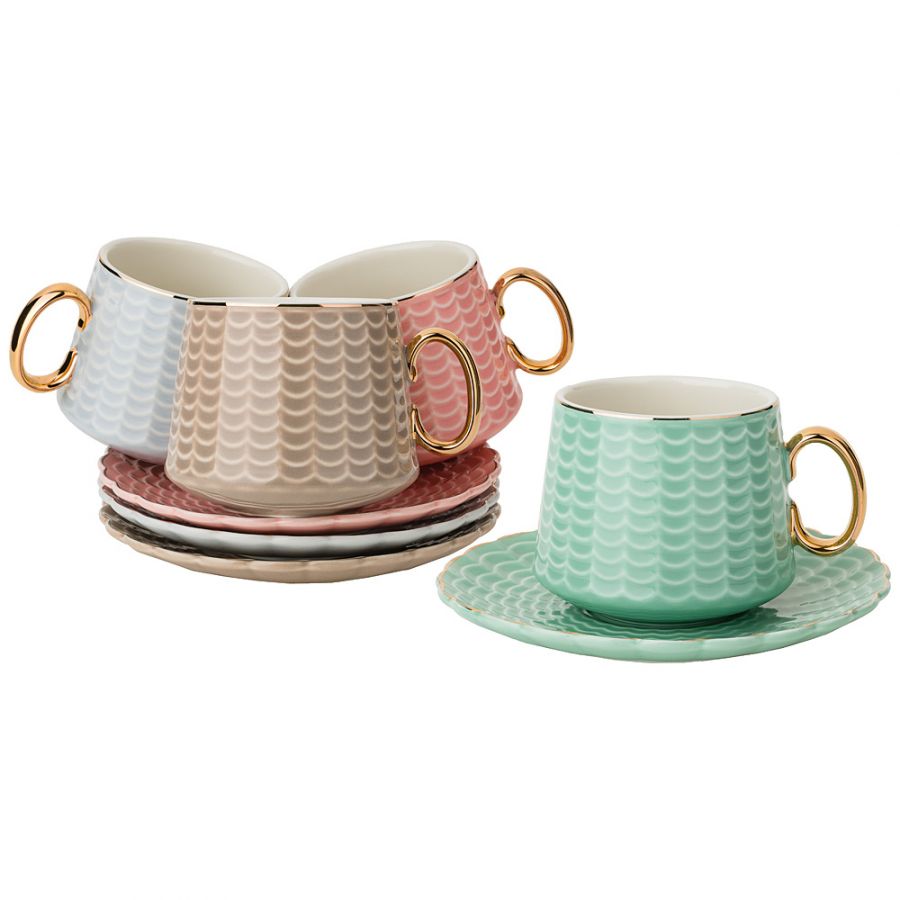 Чайный набор на 4 персоны, 8 пр., 220 мл, 4 цвета: серый, кофейный, розовый, мятный