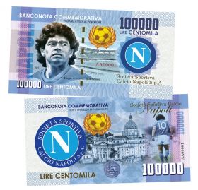 100 000 lire (лиры) — Марадона Диего Армандо. Италия. (Maradona. Napoly. Italy). Памятная банкнота. UNC Oz ЯМ