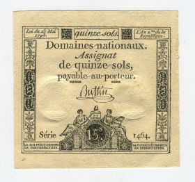 Франция - 15 солей 1793 год. Редкая ассигнация. UNC
