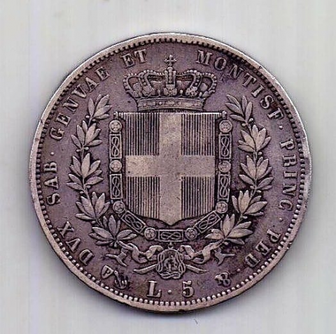 5 лир 1850 Сардиния Италия XF