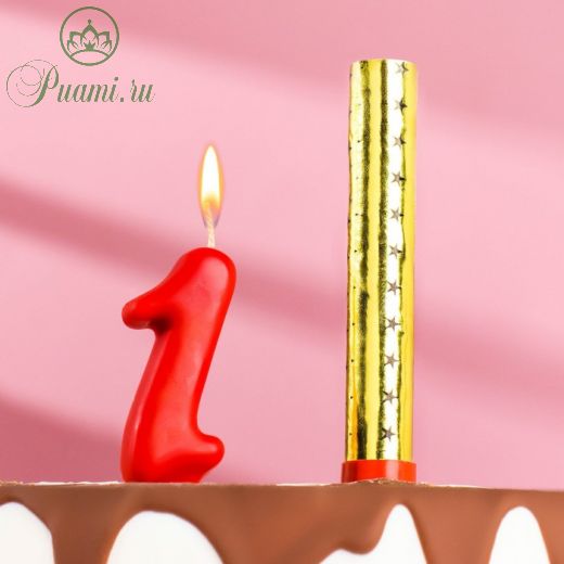 Свеча для торта цифра "Овал" красная "1" + фонтан