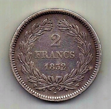 2 франка 1832 Франция W Лиль Редкость AUNC- XF