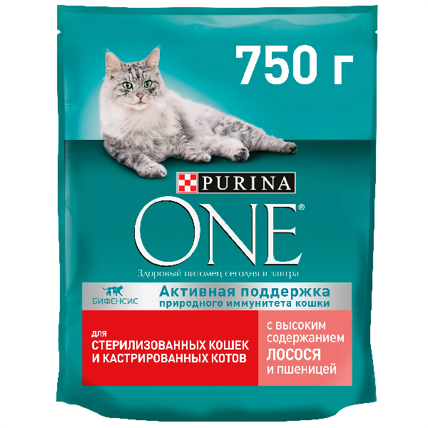 Сухой корм для стерилизованных кошек и кастрированных котов Purina ONE с высоким содержанием лосося и пшеницей