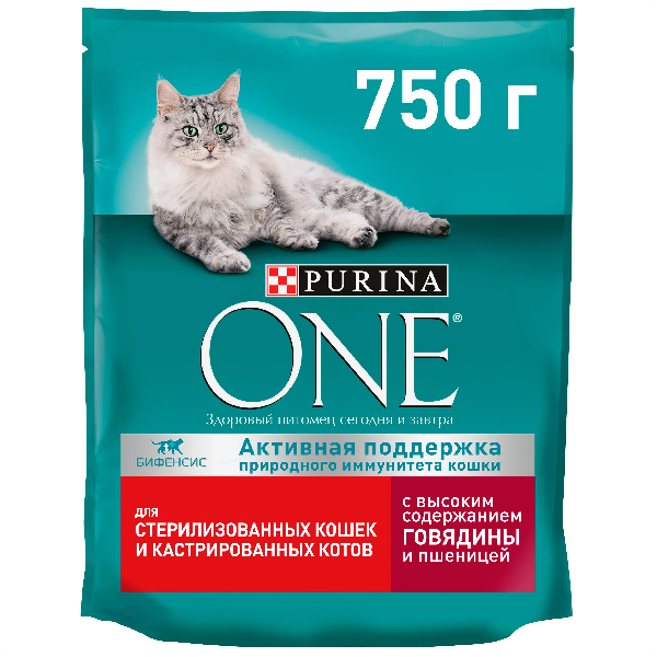 Сухой корм для стерилизованных кошек и кастрированных котов Purina ONE с высоким содержанием говядины и пшеницей
