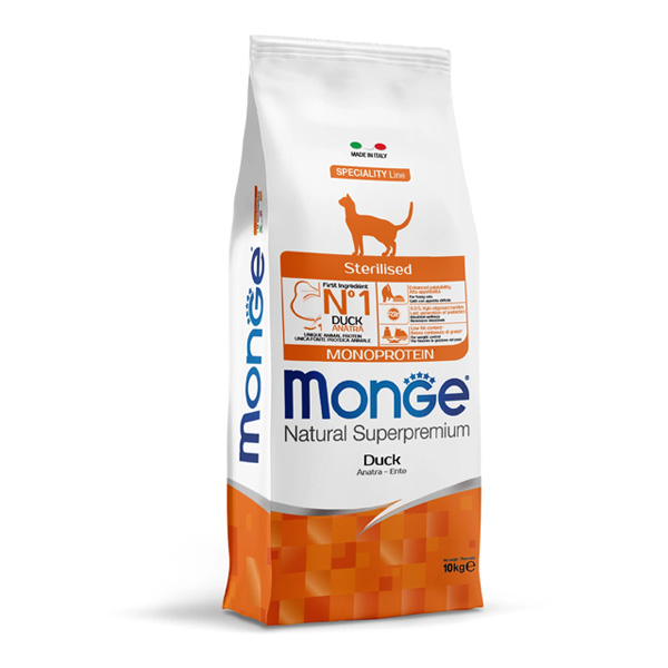Сухой корм для стерилизованных кошек Monge Natural Superpremium Monoprotein Sterilised с уткой 10 кг