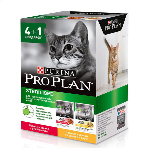 Влажный корм для стерилизованных кошек Pro Plan Nutrisavour Sterilised с курицей и уткой 5шт х 85 гр