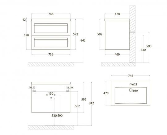 Подвесная тумба Art&Max PLATINO под мебельную раковину AM-Platino-750-2C-SO 75х47 схема 18