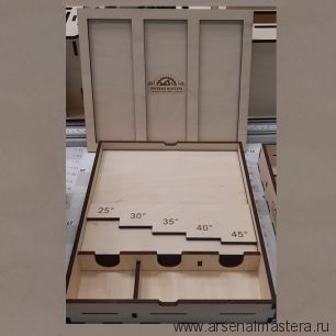Коробка деревянная с гравировкой с подпятниками для точильных камней и шаблоном для выставления стамески или ножа рубанка ArMa-21кор