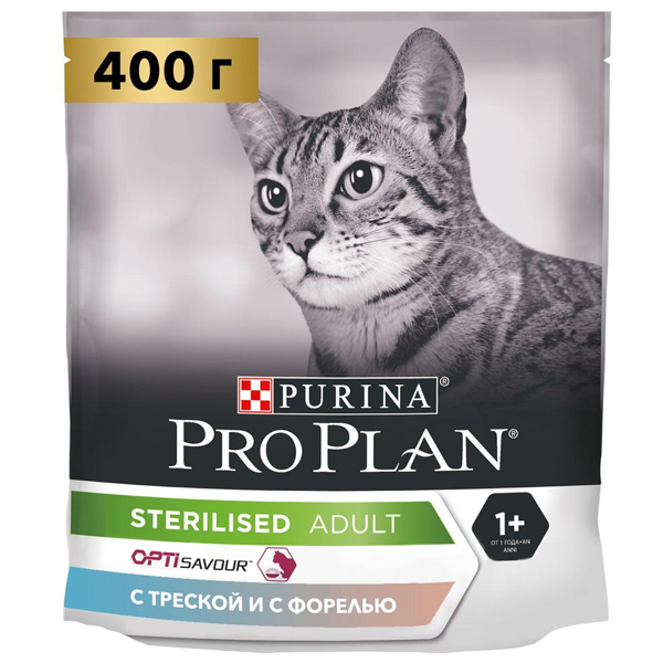 Корм сухой Pro Plan Optisavuor Sterilised для стерилизованных кошек и кастрированных котов, с треской и форелью 0,4кг