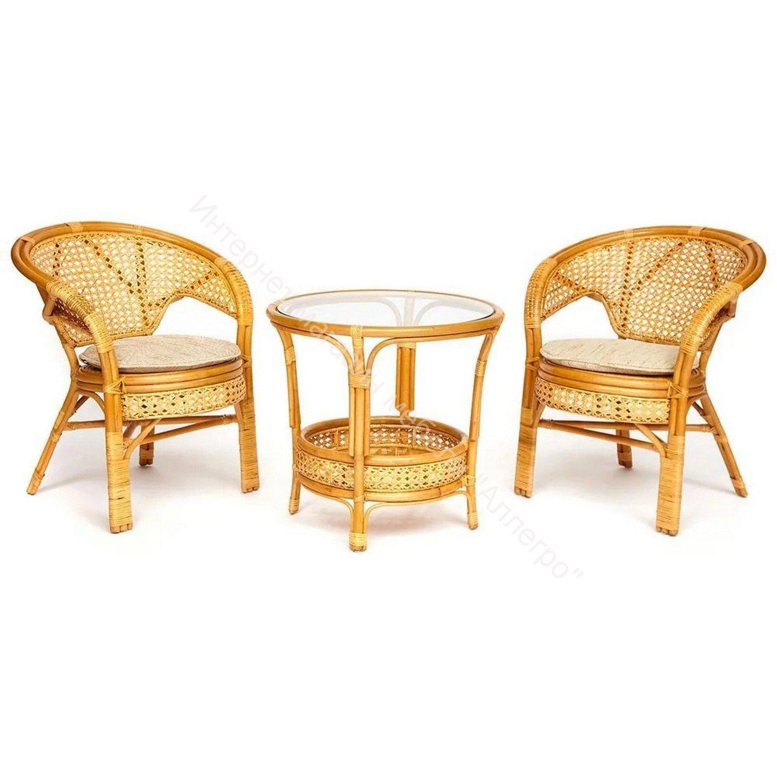 ТЕРРАСНЫЙ КОМПЛЕКТ "PELANGI" (стол со стеклом + 2 кресла) без подушек, ротанг, Honey (мед)