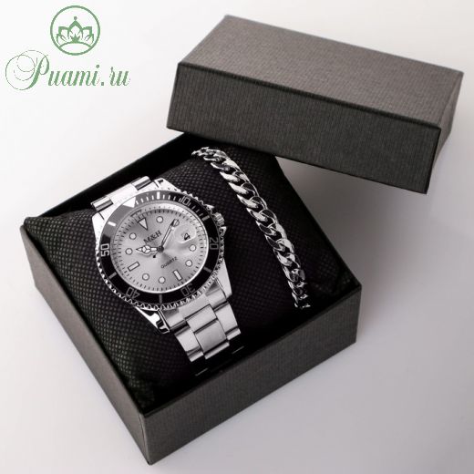 Подарочный набор 2 в 1 "Этелберт": наручные часы и браслет, d=4 см