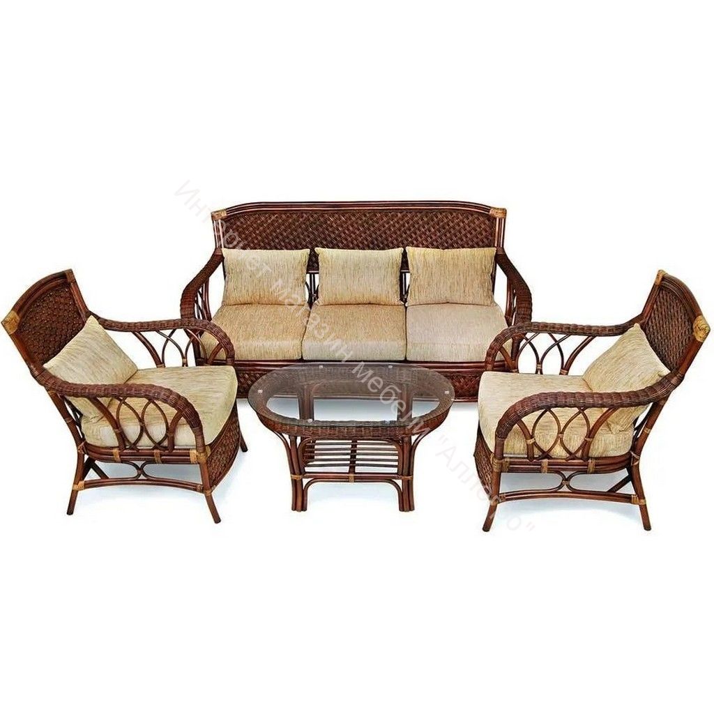 Комплект для отдыха "ANDREA" (диван + 2 кресла + журн. столик со стеклом + подушки) Pecan Washed (античн. орех)