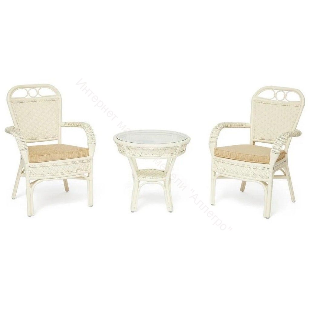 Комплект террасный ANDREA (стол кофейный со стеклом + 2 кресла + подушки) ротанг, TCH White (белый)